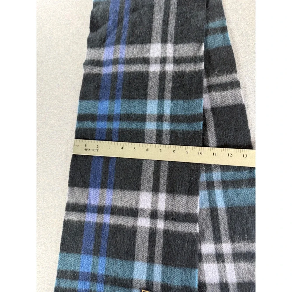 James Pringle Weavers 100% Wool Plaid Scarf Grey Blue Black Fringed Made in UK